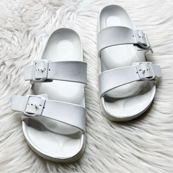 Double Buckle Strap Slide On Sandals White Size 7 - Picture 2 of 7